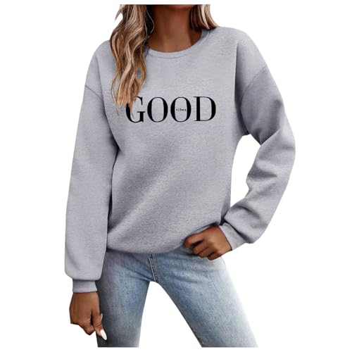Oversize Pullover Damen Herbst Briefe Drucken Hoodie Sweatshirts Teenager Mädchen Ohne Kapuze Sweatshirt Oberteile Langarm Rundhals Streetwear Grau XL von Sobzia