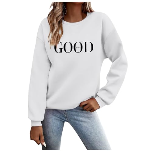 Oversize Pullover Damen Herbst Briefe Drucken Hoodie Sweatshirts Teenager Mädchen Ohne Kapuze Sweatshirt Oberteile Langarm Rundhals Streetwear Weiß XXL von Sobzia