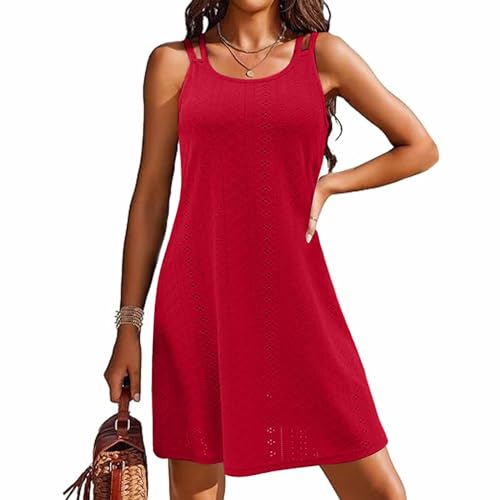 Pareos & Strandkleider Für Damen,Strandkleider Damen Sommer Leicht Ärmellos Sommerkleid Strandtunika Strand Kurz Strandponcho Strandkleid Luftig Casual Bikini Cover Up Trägerkleid (Rot,S) von Sobzia