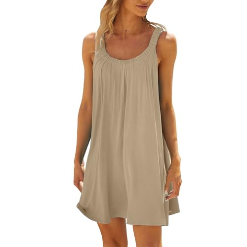 Pareos & Strandkleider Für Damen,Strandkleider Damen Sommer Luftig Große Größen Trägerkleid Strandkleid Ärmellos Casual Sommerkleider Strandtunika Kurz Strand Minikleid Sommerkleid (Khaki,XXL) von Sobzia