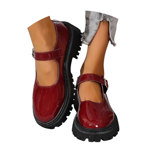 Plateau Schuhe Damen, Chunky Loafers Damen Mary Jane Schuhe Vintage Frauen Plateauschuhe Loafer Platform Lolita Lackschuhe Halbschuhe Mädchen Plateau (Rot,40) von Sobzia