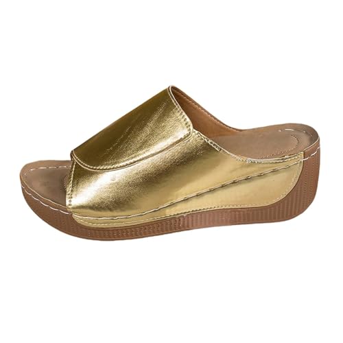 Sandalen,Orthopädische Sandalen Damen Sommer Weiche Plateau Keilsandalen Pantoletten Breite Füße Leder Sommerschuhe Slipper Bequem Leichte Hausschuhe Sandaletten (Gold,40) von Sobzia