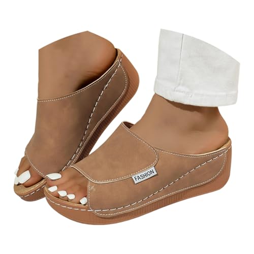 Sandalen & Slides Für Damen,Orthopädische Sandalen Damen Sommer Weiche Plateau Keilsandalen Pantoletten Breite Füße Leder Sommerschuhe Slipper Bequem Leichte Hausschuhe Sandaletten (Khaki,37) von Sobzia