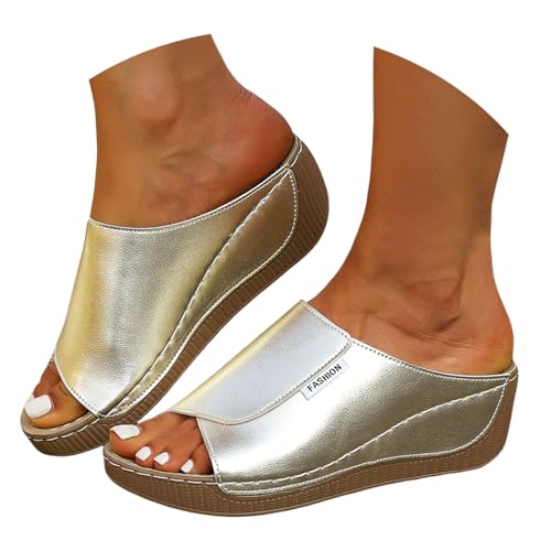 Schlappen Damen,Orthopädische Sandalen Damen Sommer Weiche Plateau Keilsandalen Pantoletten Breite Füße Leder Sommerschuhe Slipper Bequem Leichte Hausschuhe Sandaletten (Silber1,39) von Sobzia