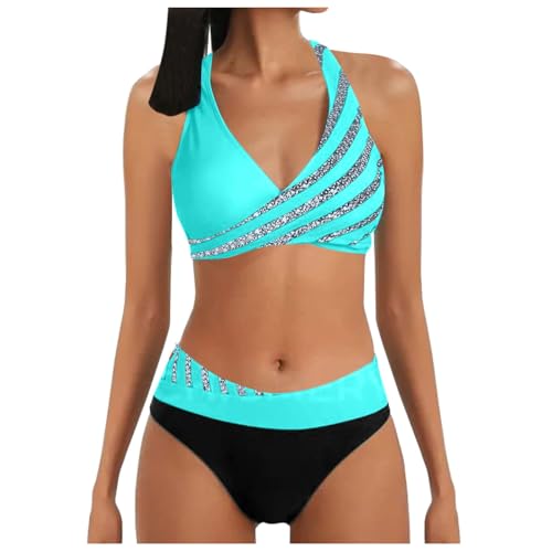 Bikini Große Oberweite,Bikini Damen Set Bauch Weg Push Up Bügel Bademode Bauchweg Neckholder Badeanzug High Waist Große Größen Badeanzüge (Grün,XL) von Sobzia