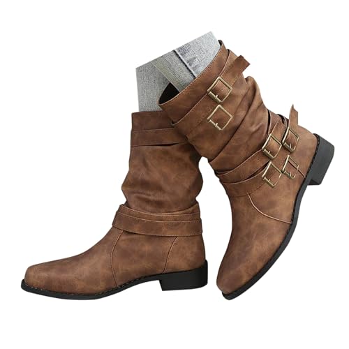 Sobzia Boots Damen,Stiefeletten Damen Wildleder Trachten mit Schnalle Cowboystiefel Ankle Boots mit Absatz Herbst Westernstiefel Stiefel Leicht Elegant Halbstiefel Schlupfschuhe (Braun,40) von Sobzia