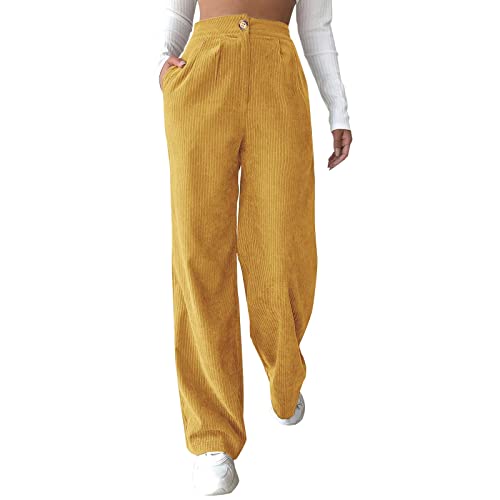 Sobzia Cordhose Damen Weites Bein High Waist Casual Palazzo Hose mit Taschen und Knöpfen Locker Hosen Herbst Lang Freizeithose Khaki L von Sobzia