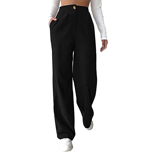 Sobzia Cordhose Damen Weites Bein High Waist Casual Palazzo Hose mit Taschen und Knöpfen Locker Hosen Herbst Lang Freizeithose Schwarz L von Sobzia