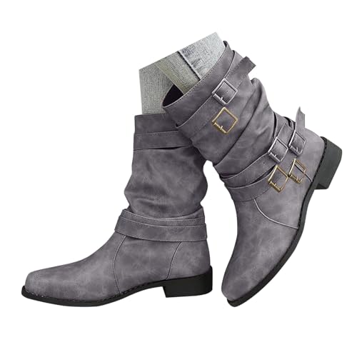 Sobzia Cowboystiefel Damen,Stiefeletten Damen Wildleder Trachten mit Schnalle Cowboystiefel Ankle Boots mit Absatz Herbst Westernstiefel Stiefel Leicht Elegant Halbstiefel Schlupfschuhe (Grau,41) von Sobzia