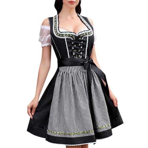 Sobzia Dirndl Damen Schwarz,Dirndl Damen Midi Oktoberfest Outfit Komplettsets Dirndlkleid Festlich Trachtenkleid Lang Dirndelkleider Inkl.Dirndlbluse,Dirndlschürze 3 Teilig (Schwarz,XXL) von Sobzia