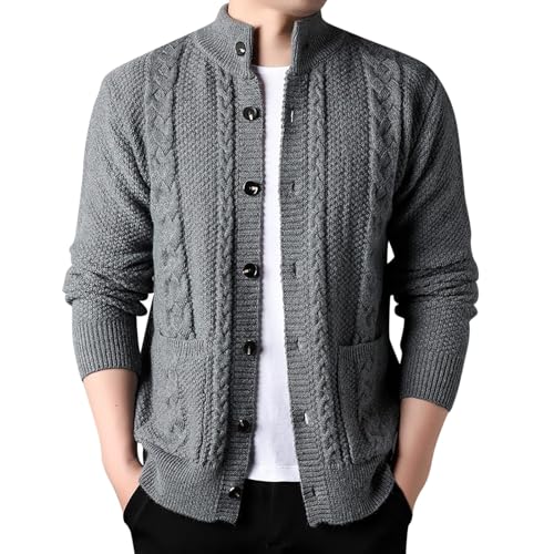Sobzia Herren Strickjacke mit Knöpfen Knöpfe Langarm Fleecejacke Trachtenjacke Wolle Baumwolle Strickjacke Cardigan Fleece Warme Pullover Sweatshirt (Grau,4XL) von Sobzia