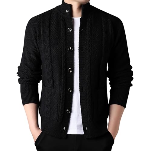 Sobzia Herren Strickjacke mit Knöpfen Knöpfe Langarm Fleecejacke Trachtenjacke Wolle Baumwolle Strickjacke Cardigan Fleece Warme Pullover Sweatshirt (Schwarz,4XL) von Sobzia