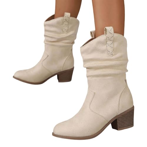 Sobzia Stiefeletten Damen,Stiefeletten Damen Wildleder Trachten mit Schnalle Cowboystiefel Ankle Boots mit Absatz Herbst Westernstiefel Stiefel Leicht Elegant Halbstiefel Schlupfschuhe (Weiß,39) von Sobzia