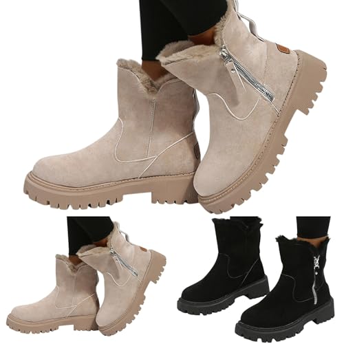 Sobzia Winterstiefel Damen Gefüttert Seitlicher Reißverschluss Schneestiefel Stiefeletten Wasserdicht Winterboots Winterschuhe Warm Boots Stiefel Beige 35 von Sobzia