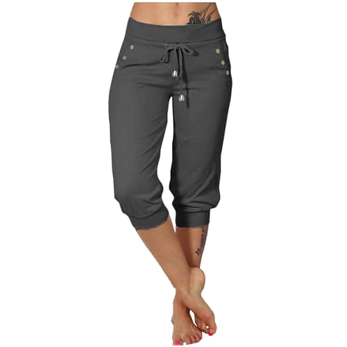 3/4 Hose Damen Caprihose Sommer Elegant Outdoor Sporthose Laufhose Leicht Dreiviertel Sommerhose Jogginghose mit Taschen Bequem Capri Hose Yoga Hose (Grau,S) von Sobzia
