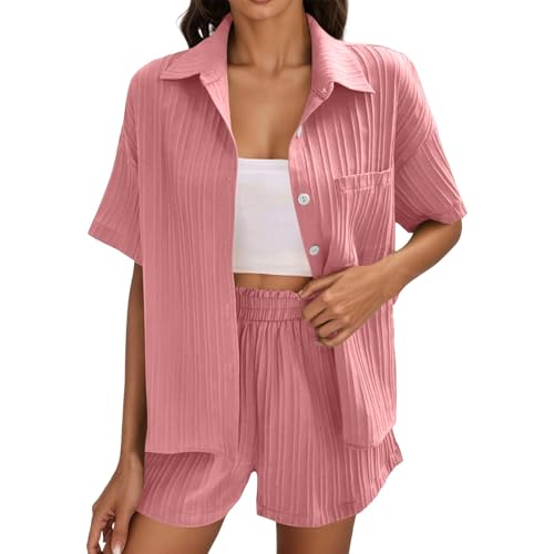 Sommer Outfits Damen,Zweiteiler Damen Sommer Outfits Leicht und Luftig Set Elegant Musselin Bluse und Shorts Langarm 2 Teiler Freizeitanzug (Rosa,S) von Sobzia