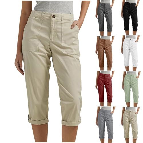 Sommerhose Damen Leicht,Caprihose Damen Sommer Sport Dreiviertel mit Taschen Laufhose Cargohose Atmungsaktiv Outdoor Sporthose Wanderhose Leicht Bequem Stretch Sommerhose Trekkinghose (Beige,L) von Sobzia