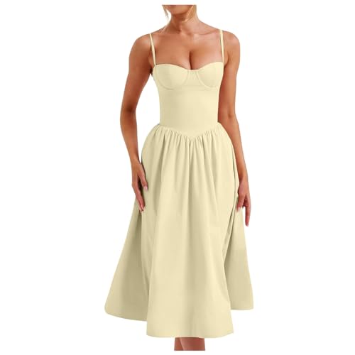 Sommerkleid Damen,Sommerkleid Damen Lang Elegant Sommer Strandkleid Tunikakleid Ärmellos Hohe Taille Maxikleid Freizeitkleid Spaghettiträger Leicht und Luftig Kleid (Gelb,L) von Sobzia