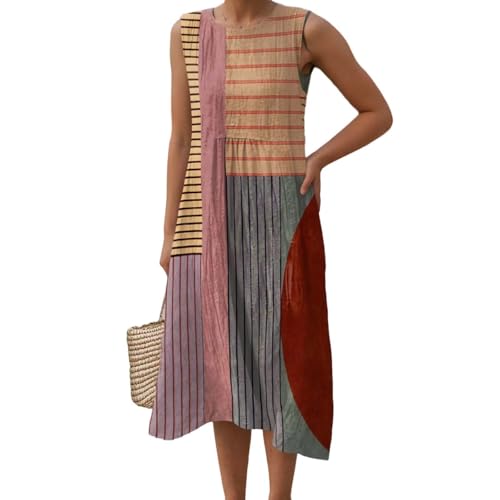 Sommerkleid Damen Lang,Musselin Kleid Damen - Sommer Lang Leicht Leinenkleid Sommerkleid Luftig Ärmellos Musselinkleid Strandkleid Blumendruck Vintage Hemdblusenkleid Boho Kleid (Braun,M) von Sobzia