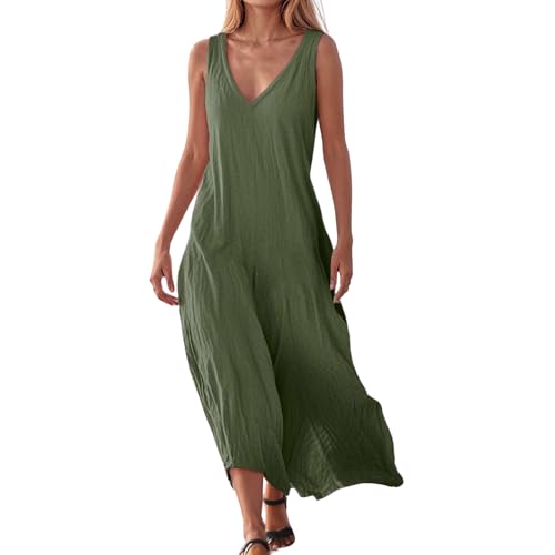 Sommerkleid Damen Leicht,Musselin Kleid Damen - Sommer Locker Leicht Leinenkleid Sommerkleid Luftig Lang Strandkleid Musselinkleid V-Ausschnitt Ärmellos Kleid (Grün,XL) von Sobzia
