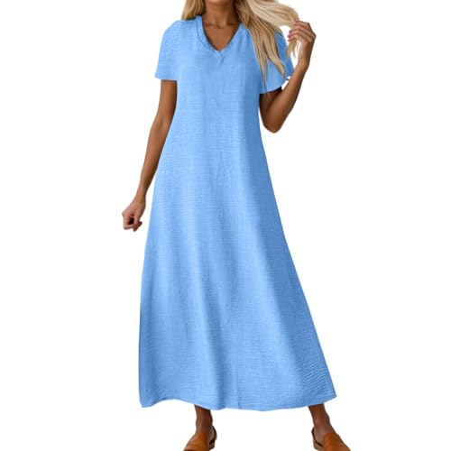 Sommerkleider Damen Leicht Und Luftig,Leinenkleid Damen Sommer - Lang Luftig Sommerkleid Musselin Kleid V-Ausschnitt Leicht Musselinkleid Strandkleid Locker Kurzärmliges Kleider (Blau,L) von Sobzia
