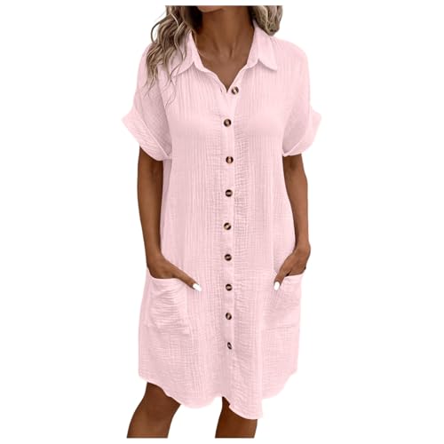 Sommerkleider Damen Leicht Und Luftig,Musselin Kleid Damen,Blusenkleid Leinen Sommer Freizeitkleid Hemdblusenkleid Knielang Sommerkleid Leinenkleid mit Knopfleiste Strandkleid Hemdkleid (Rot,L) von Sobzia