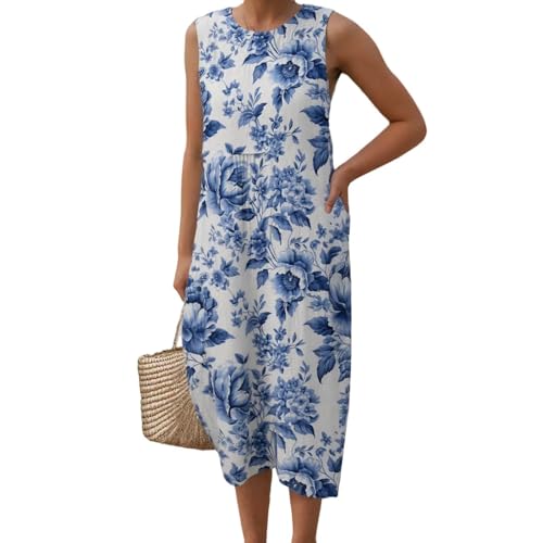 Sommerkleider Damen Leicht Und Luftig,Musselin Kleid Damen - Sommer Lang Leicht Leinenkleid Sommerkleid Luftig Ärmellos Musselinkleid Strandkleid Vintage Hemdblusenkleid Boho Kleid (Blau,XXL) von Sobzia