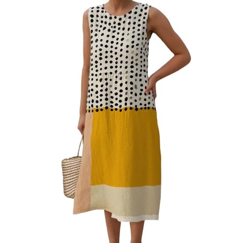 Sommerkleider Damen Leicht Und Luftig,Musselin Kleid Damen - Sommer Lang Leicht Leinenkleid Sommerkleid Luftig Ärmellos Musselinkleid Strandkleid Vintage Hemdblusenkleid Boho Kleid (Gelb,XXL) von Sobzia