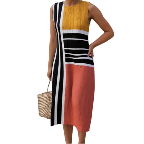 Sommerkleider Damen Leicht Und Luftig,Musselin Kleid Damen - Sommer Lang Leicht Leinenkleid Sommerkleid Luftig Ärmellos Musselinkleid Strandkleid Vintage Hemdblusenkleid Boho Kleid (Gelb,XXL) von Sobzia