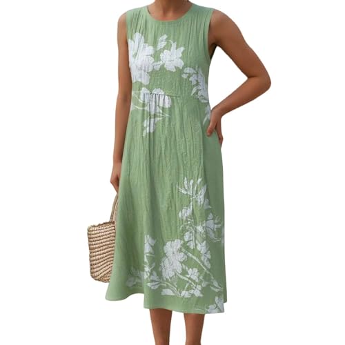 Sommerkleider Damen Leicht Und Luftig,Musselin Kleid Damen - Sommer Lang Leicht Leinenkleid Sommerkleid Luftig Ärmellos Musselinkleid Strandkleid Vintage Hemdblusenkleid Boho Kleid (Grün,XXL) von Sobzia