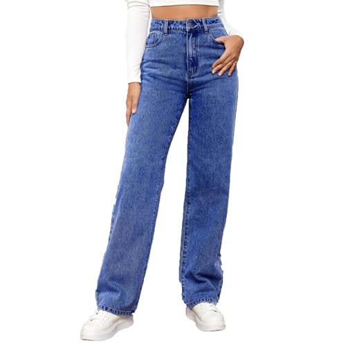 Straight Leg Jeans Damen Baggy Jeans Damen High Waist Leichter Jeanshose Bequem Weites Bein Denimhose mit Knopfleiste Teenager Mädchen Hosen Blau L von Sobzia