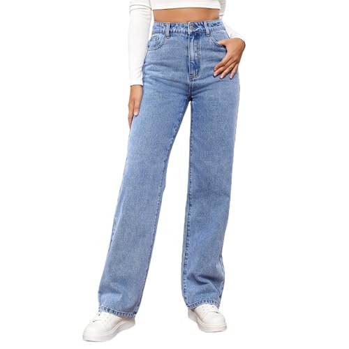 Straight Leg Jeans Damen Baggy Jeans Damen High Waist Leichter Jeanshose Bequem Weites Bein Denimhose mit Knopfleiste Teenager Mädchen Hosen Blau L von Sobzia