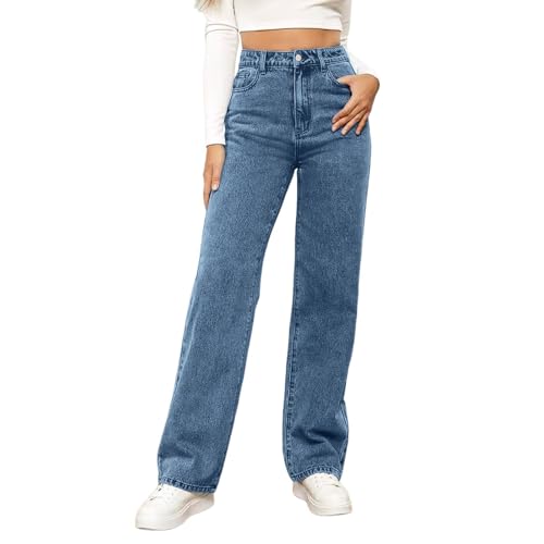 Straight Leg Jeans Damen Baggy Jeans Damen High Waist Leichter Jeanshose Bequem Weites Bein Denimhose mit Knopfleiste Teenager Mädchen Hosen Blau S von Sobzia