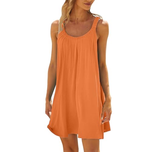 Strand Kleid,Strandkleider Damen Sommer Luftig Große Größen Trägerkleid Strandkleid Ärmellos Casual Sommerkleider Strandtunika Kurz Strand Minikleid Sommerkleid (Orange,XL) von Sobzia