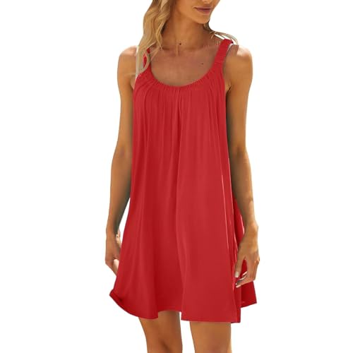 Strand Kleid,Strandkleider Damen Sommer Luftig Große Größen Trägerkleid Strandkleid Ärmellos Casual Sommerkleider Strandtunika Kurz Strand Minikleid Sommerkleid (Rot,S) von Sobzia