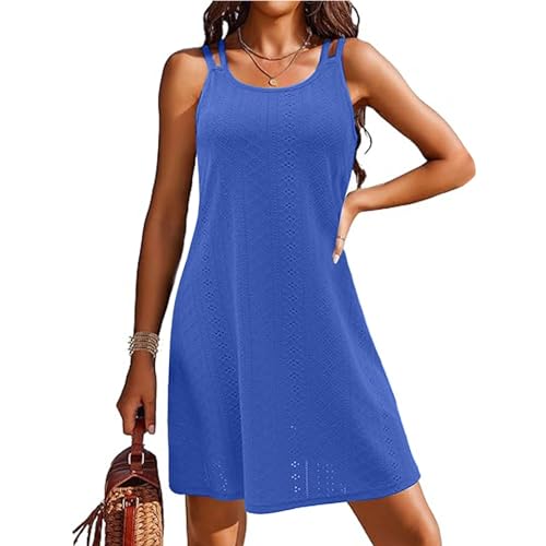 Strandtunika Damen,Strandkleider Damen Sommer Leicht Ärmellos Sommerkleid Strandtunika Strand Kurz Strandponcho Strandkleid Luftig Casual Bikini Cover Up Trägerkleid (Blau,M) von Sobzia