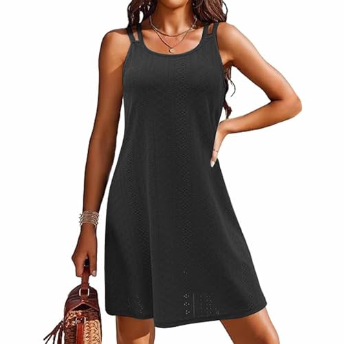 Strandtunika Damen,Strandkleider Damen Sommer Leicht Ärmellos Sommerkleid Strandtunika Strand Kurz Strandponcho Strandkleid Luftig Casual Bikini Cover Up Trägerkleid (Schwarz,L) von Sobzia