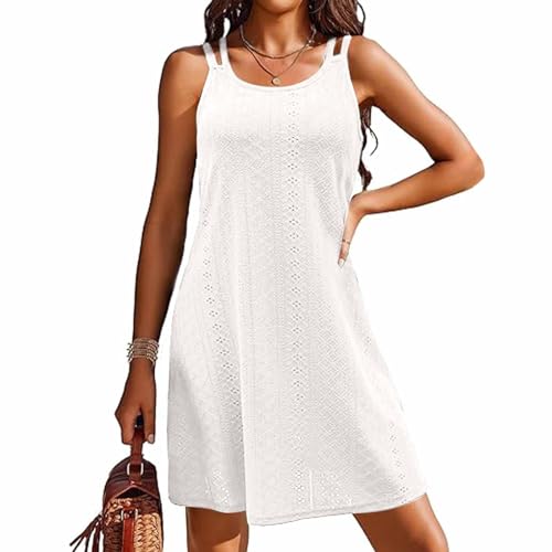 Strandtunika Damen,Strandkleider Damen Sommer Leicht Ärmellos Sommerkleid Strandtunika Strand Kurz Strandponcho Strandkleid Luftig Casual Bikini Cover Up Trägerkleid (Weiß,XXL) von Sobzia