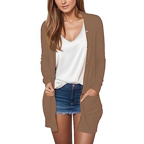 Strickjacke Damen Lang,Leichte Strickjacke Damen Sommer Lang Sommerjacke mit Taschen Dünne Cardigan Elegant Casual Strickjacken (Khaki,XXL) von Sobzia