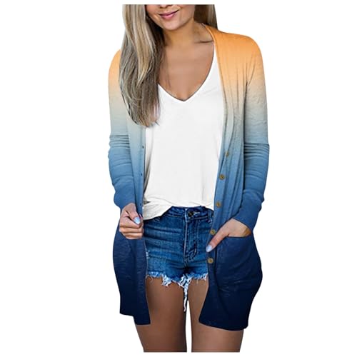 Strickjacke Damen Lang,Leichte Strickjacke Damen Sommer Lang Sommerjacke mit Taschen Dünne Cardigan Elegant Casual Strickjacken (Orange,L) von Sobzia