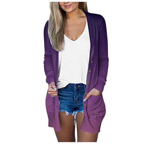 Strickjacke Damen Lang,Leichte Strickjacke Damen Sommer Lang Sommerjacke mit Taschen Dünne Cardigan Elegant Casual Strickjacken (Violett,XXL) von Sobzia
