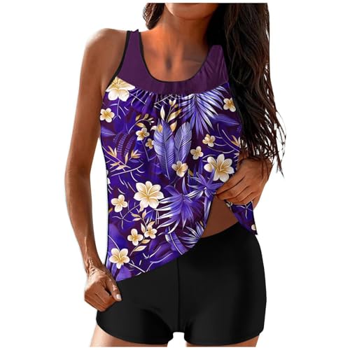Tankini Damen,Tankini Damen Bauchweg - Set Große Größen Badeshorts mit Oberteil Bademode Badeanzug Push Up Strand Schwimmanzug Badeanzüge Sommer Zweiteilig Badebekleidung (Violett,XL) von Sobzia