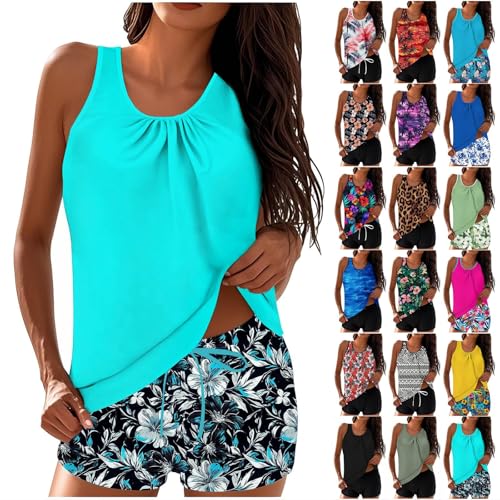 Tankini Damen,Tankini Damen Bauchweg - Set Große Größen Badeshorts mit Oberteil Bademode Badeanzug Push Up Strand Schwimmanzug Badeanzüge Sommer Zweiteilig Badebekleidung (Blau,L) von Sobzia