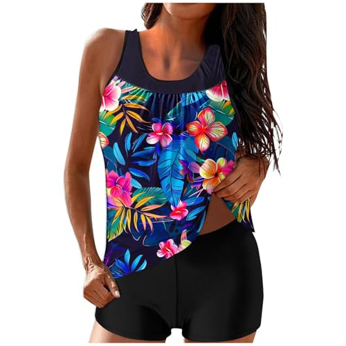 Tankini Für Mollige,Tankini Damen Bauchweg - Set Große Größen Badeshorts mit Oberteil Bademode Badeanzug Push Up Strand Schwimmanzug Badeanzüge Sommer Zweiteilig Badebekleidung (Blau,XXL) von Sobzia