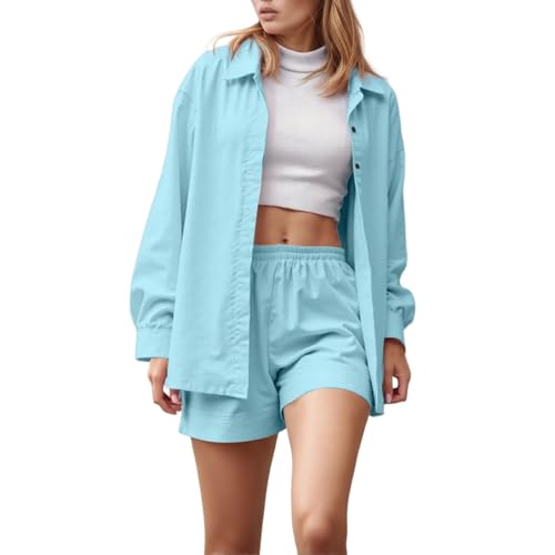 Zweiteiler Damen Sommer,Zweiteiler Damen Sommer Outfits Leicht und Luftig Set Elegant Musselin Bluse und Shorts Langarm 2 Teiler Freizeitanzug (Blau,M) von Sobzia