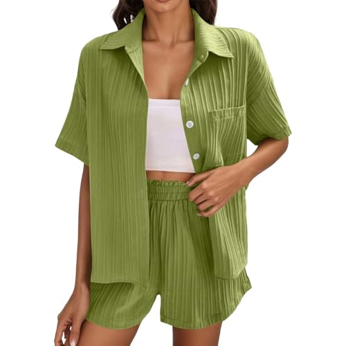 Zweiteiler Damen Sommer,Zweiteiler Damen Sommer Outfits Leicht und Luftig Set Elegant Musselin Bluse und Shorts Langarm 2 Teiler Freizeitanzug (Grün,M) von Sobzia