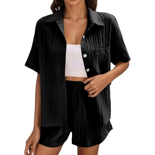 Zweiteiler Damen Sommer,Zweiteiler Damen Sommer Outfits Leicht und Luftig Set Elegant Musselin Bluse und Shorts Langarm 2 Teiler Freizeitanzug (Schwarz,L) von Sobzia