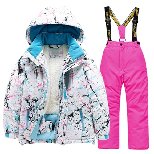schneeanzug kinder 116, Skianzug Kinder-Verdickte Skijacke + Thermohose Warm Schneeoverall mit Kapuze und Taschen Skioverall Verdickt Warm Winteranzug Winteranzug Outdoor Thermo von Sobzia