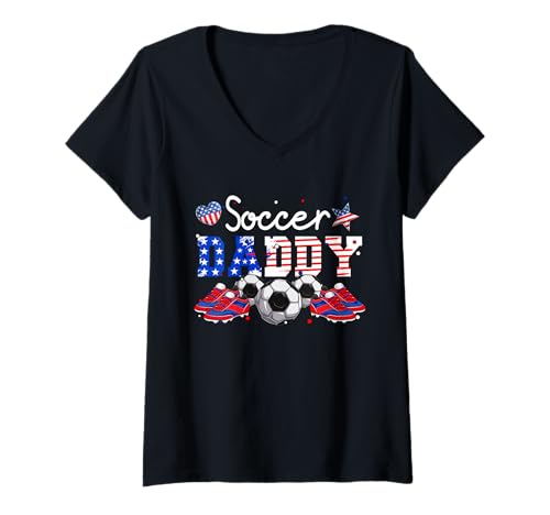 Damen Soccer Player Daddy 4th Of July US Flag Patriotic Men Player T-Shirt mit V-Ausschnitt von Soccer 4th Of July Costume