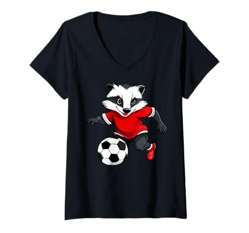 Damen Dachs Fussballer T-Shirt mit V-Ausschnitt von Soccer Animals